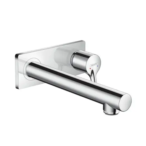 Hansgrohe-Waschtischmischer mit einem langen chromfarbenen Auslauf und einem hebelartigem Bedienknopf zur Regulierung von warmem und kaltem Wasser, für die Wandmontage konzipiert.